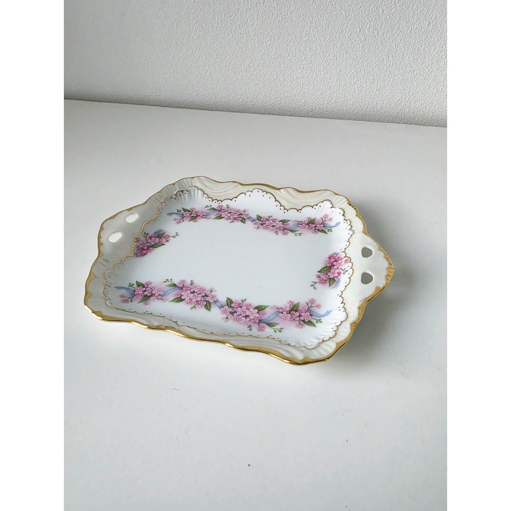 Vintage Lusterware Porcelain Vanity Tray Pink Floral Gold Trim Scalloped